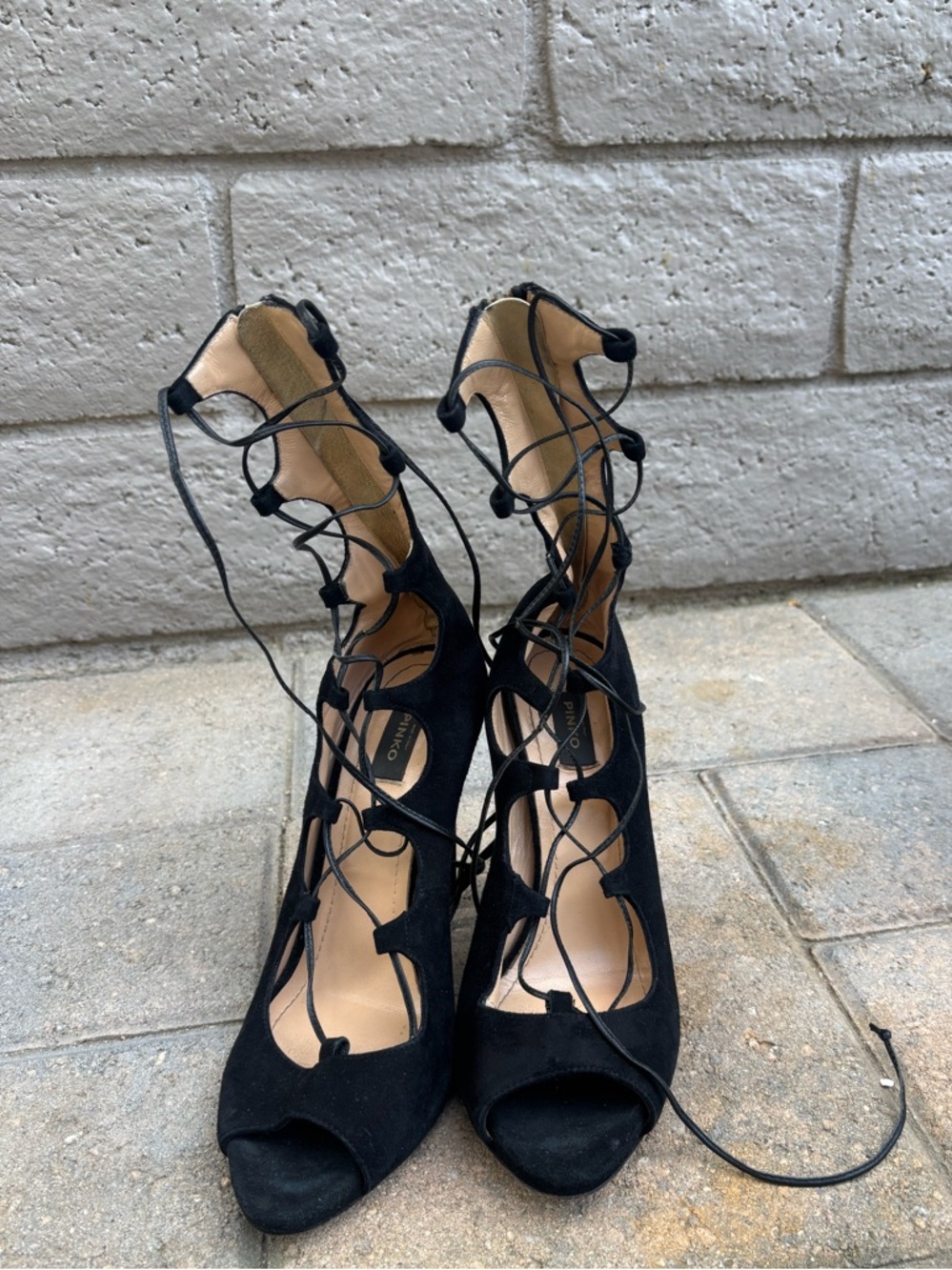Pinko Lace-Up Heels (Black Suede)